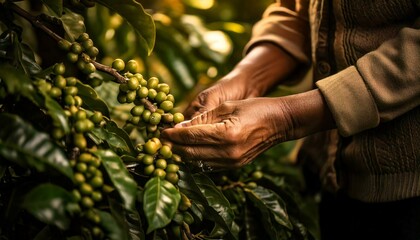 manos campesinas recolectando cafe en el campo