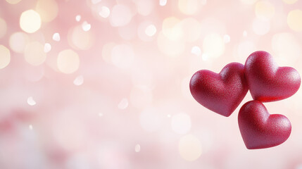 Three red hearts on soft pink background with bokeh lights create romantic atmosphere, perfect for Valentine Day or love themed events