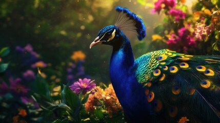 Fototapeta premium Peacock in a Garden of Colors