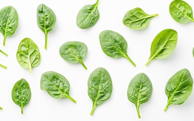 A group of baby spinach leaves spread across a white background, ready for a salad
