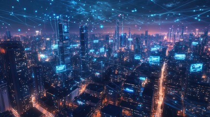 A panoramic view of a city at night with a glowing network of digital connections.