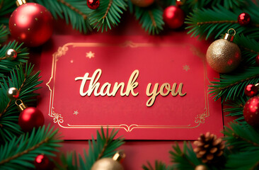 A heartfelt thank you card surrounded by festive Christmas decorations and greenery