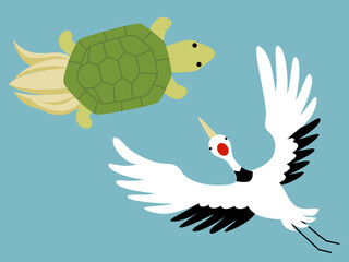 日本の縁起物の亀と鶴のシンプルなイラスト素材