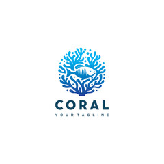 Elegant Coral Logo Design Vector Illustration With Fish And Blue Sea Theme
