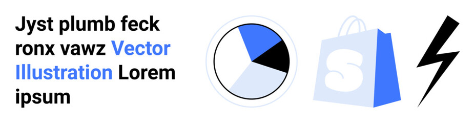 Text with a pie chart, shopping bag, and lightning bolt in black, white, and blue. Ideal for business, data analysis, e-commerce, technology, and marketing. Landing page