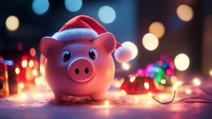 Pig piggy bank with Christmas hat at Christmas time