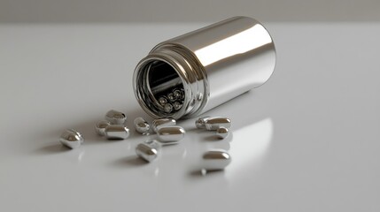 Naklejka premium Silver Pill Container with Spilled Capsules