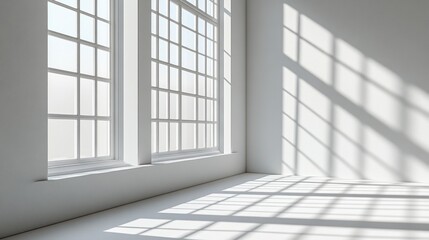 Sunlight streaming through two large windows in a white room, casting shadows on the floor.