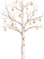 Fototapeta premium cheerful watercolor style birch tree with tiny hanging lanterns, showcasing whimsical and festive atmosphere. tree branches are adorned with warm, glowing lights, creating cozy ambiance