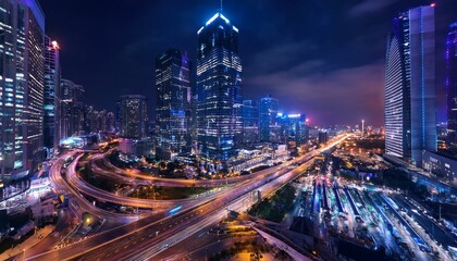 Fototapeta premium Night aerial view of modern infrastructure buildings residential city
