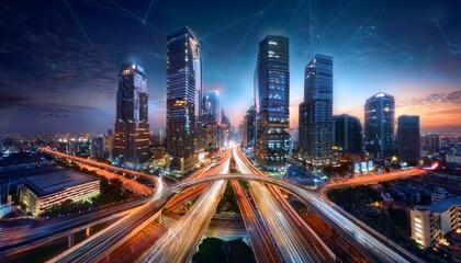 Fototapeta premium Night aerial view of modern infrastructure buildings residential city