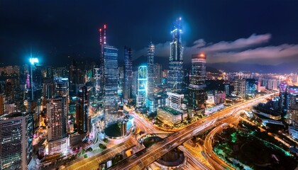Obraz premium Night aerial view of modern infrastructure buildings residential city