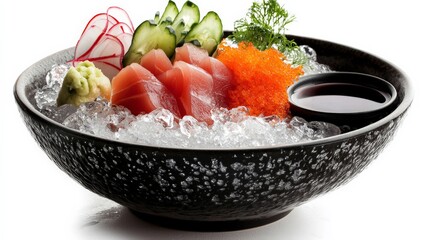 Studio lighting highlighting a bowl of Fresh Sashimi on a bed of ice, with garnishes and soy sauce on the side