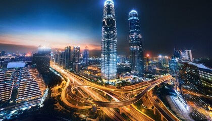 Obraz premium Night aerial view of modern infrastructure buildings residential city