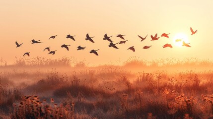 Silhouettes of geese flying in formation over a foggy field at sunrise. AI generative. .
