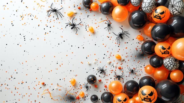 Black and orange Halloween balloons with spider webs and spiders on a white background. AI generative. . - Powered by Adobe