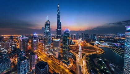 Naklejka premium Night aerial view of modern infrastructure buildings residential city