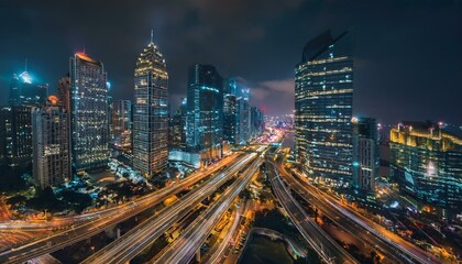 Obraz premium Night aerial view of modern infrastructure buildings residential city