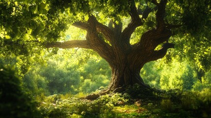 Fototapeta premium A medicinal tree with vibrant green leaves, growing in a serene forest known for its healing properties
