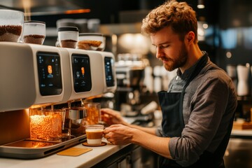 Fototapeta premium Modern Barista Operating AI Coffee Machine in Futuristic Cafe Setting