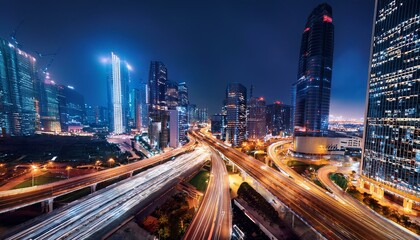 Fototapeta premium Night aerial view of modern infrastructure buildings residential city