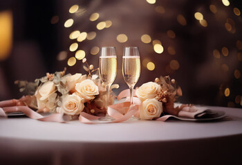 Two champagne flutes on a white table with roses and ribbon, a romantic setting for a celebration.