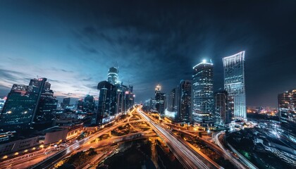 Fototapeta premium Night aerial view of modern infrastructure buildings residential city