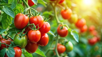 Close-up view of a healthy tomato plant with green leaves and red ripe tomatoes, nature photography, tomato plant, gardening tools