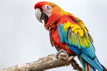 Fototapeta premium A colorful macaw perched on a branch, showcasing vibrant red, yellow, and blue feathers. AI generative. .