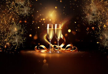 Two champagne flutes with golden ribbon on a dark background with sparkling lights and fireworks.