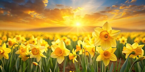 Daffodil flowers blooming in a yellow field with a warm sunny sky, wildflowers, sunlight, vibrant flowers