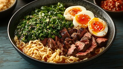 Ramen with beef and eggs served on a blue wooden table, a flat-lay of Asian food ideal for menus or promotions.