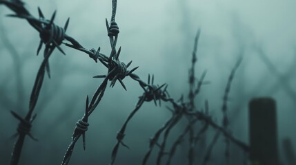Barbed wire against a gray sky, symbolic of confinement, empty space for visual impact
