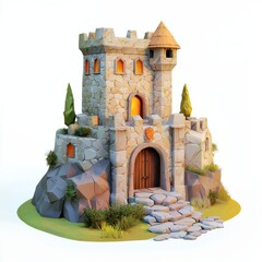 Low Poly 3D Render of a stone fortress with battlements, on isolated white background