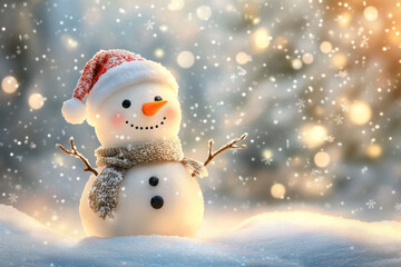 Cute snowman standing in winter christmas landscape snow falling
