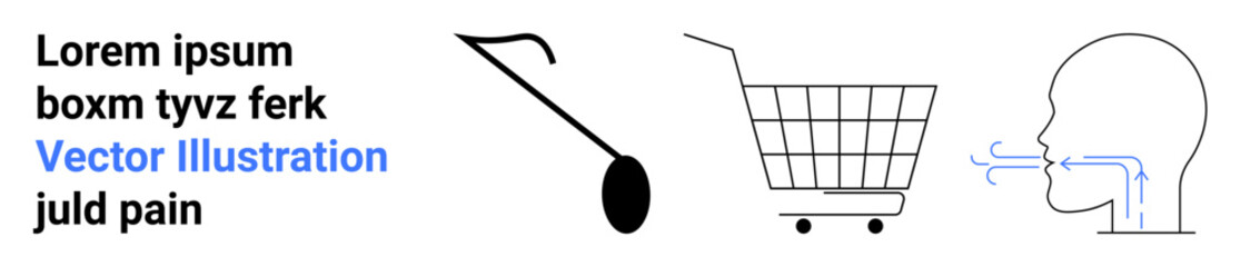 Black and white minimalist design with abstract elements, including a cane, shopping cart, and head with arrows. Ideal for conceptual themes, simplicity, and abstract art. Banner for landing page
