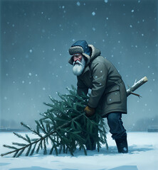  A man dragging at a toppled Christmas tree in the snow 