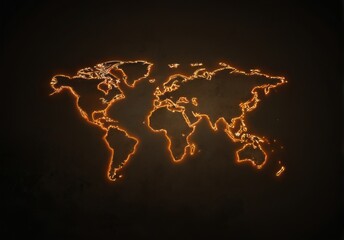 Glowing World Map Illustration on Dark Background with Bright Orange Continents and Depth Perception Design.