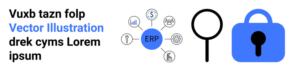 ERP system interconnected icons accompanied by a magnifying glass and security lock. Ideal for enterprise resource planning, data security, analysis tools, IT solutions, digital security, business