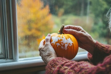 Elderly Woman Painting Pumpkin by Sunlit Autumn Window in Cozy Rustic Setting