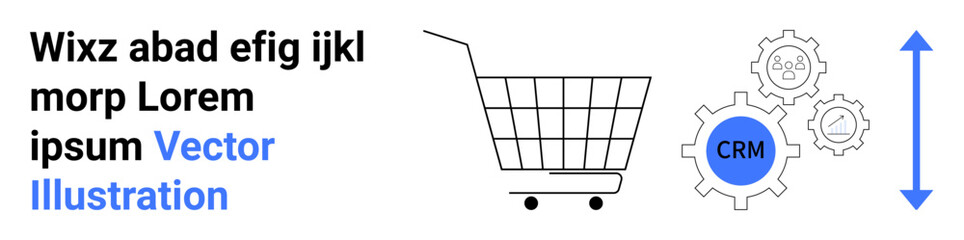 Shopping cart alongside CRM gears and icons. Arrow symbol indicating growth. Ideal for e-commerce, business solutions, CRM systems, automation, growth strategies, digital marketing, and sales