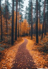 Obraz premium Serene Autumn Pathway Through Enchanting Forest Golden Hour Tranquility