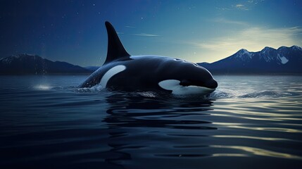 A serene and peaceful scene of a killer whale resting near the surface of a calm, moonlit sea, with the soft glow of moonlight reflecting off its sleek, black-and-white body. 