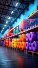 Colorful Products on Warehouse Shelves.