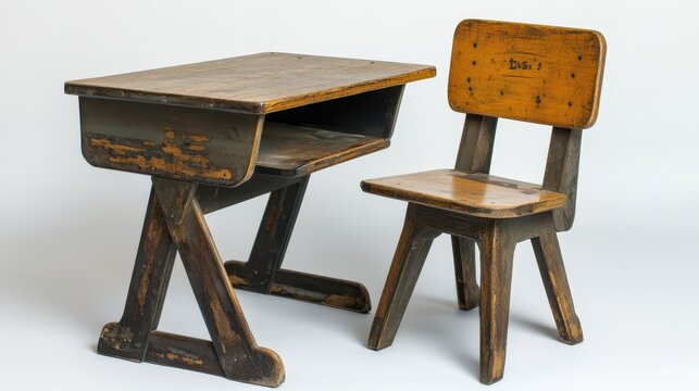 Korean school desk and chair with a 1970s design, wooden and worn with use, evoking the feel of retro educational furniture
