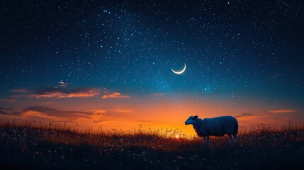 Fototapeta premium Silhouette of a sheep against a starry night with a crescent moon, symbolizing Eid al-Adha, perfect for religious celebrations.