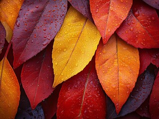 Vibrant Close-Up of Dew-Covered Autumn Leaves Showcasing Fall Colors and Natural Textures