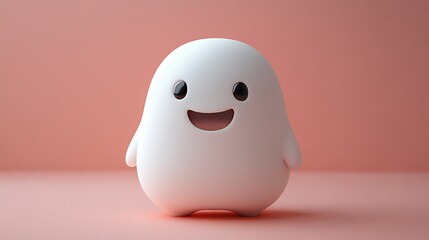 3D cartoon character of a cute white ghost smiling on a pink background.