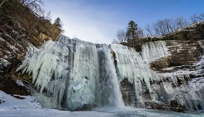 A waterfall frozen by sub-zero temperatures