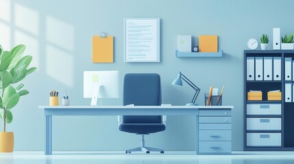 A bright, modern office space featuring a desk, chair, plants, and organized storage, promoting productivity and creativity.